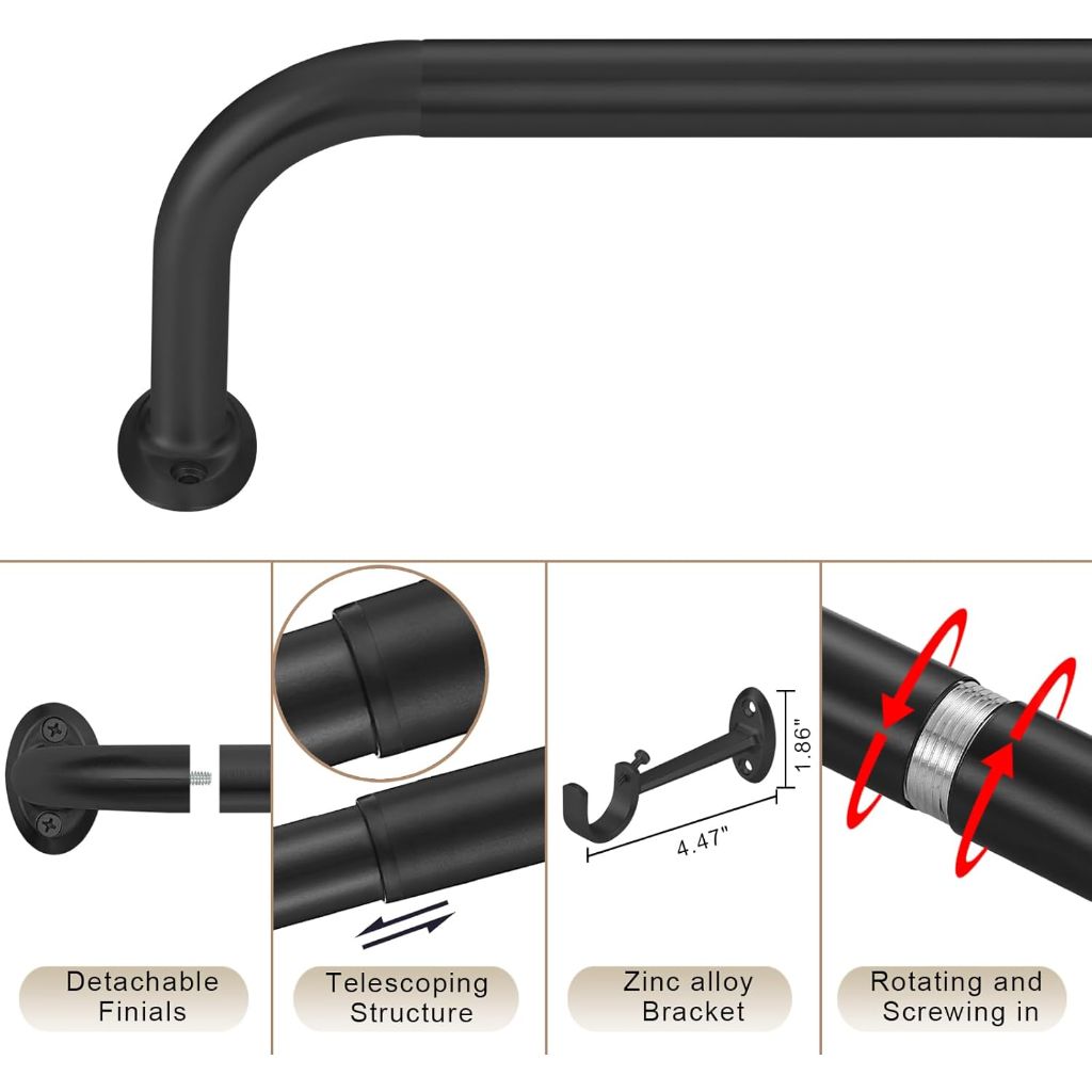 2 Pack 1Inch Diameter Wrap Around Curtain Rods for windows 28-56 inch(2.3-4.6Ft), Splicing Adjustable Room Darking Drapery Rod with Aluminum Finials and Brackets,Matte Black