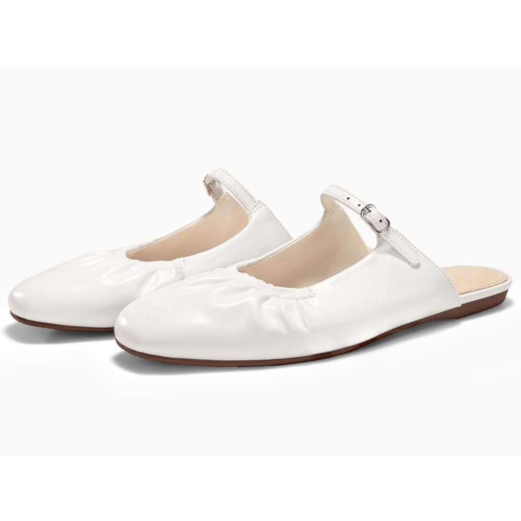Coutgo Womens Mules Mary Jane Flats Closed Toe Pleated Slip on Shoes Dressy Casual Slides, White, Size 6