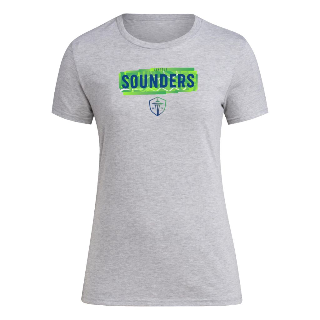 SZ L, Adidas Women's Seattle Sounders FC Local Pop Short Sleeve Pre-game T-shirt, Medium Grey Heather