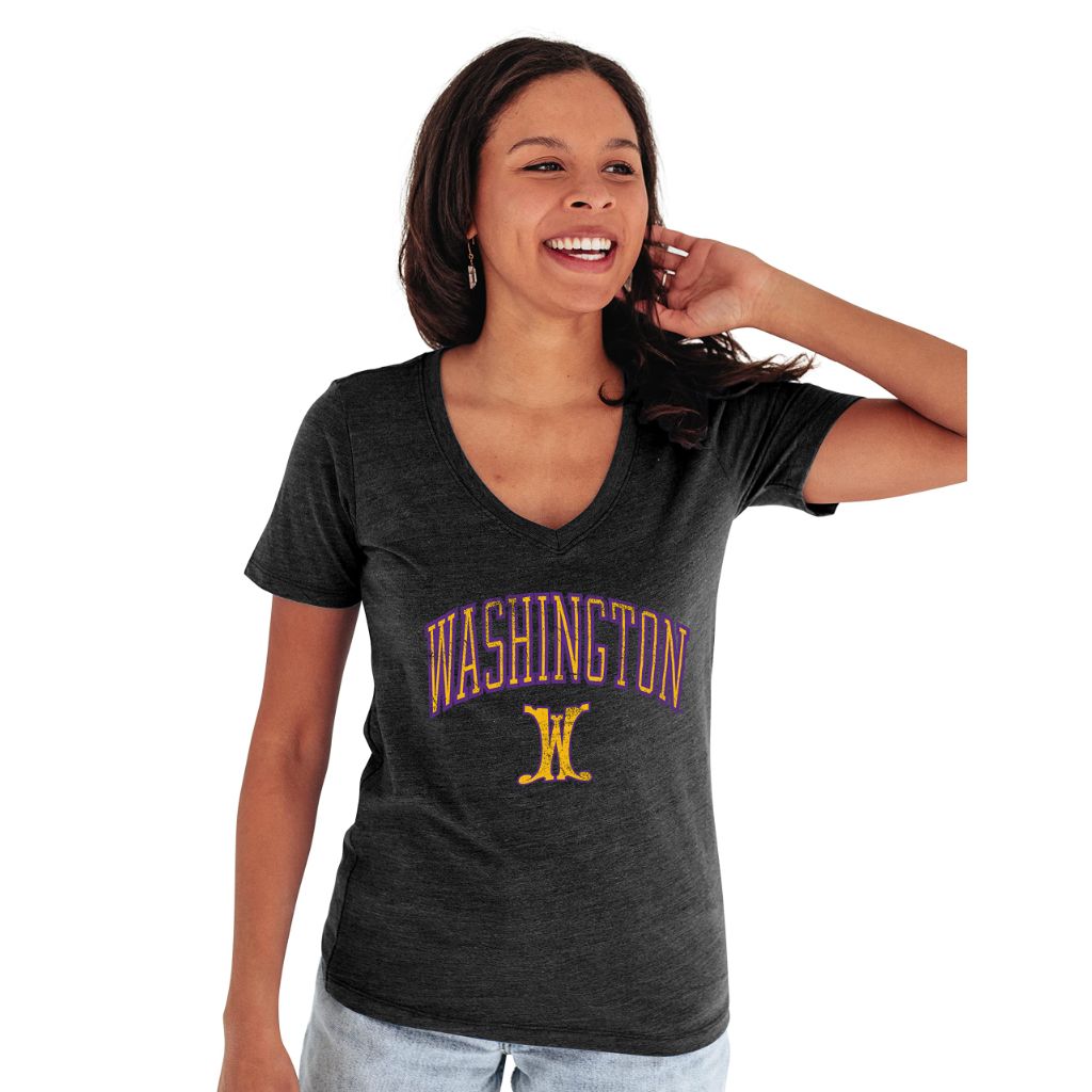Blue 84 Washington Huskies Women's Tri-Blend T-Shirt Vintage Arch Over Secondary Color, Black, Large