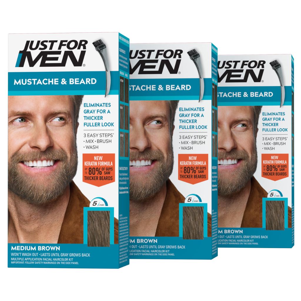 Just For Men Mustache & Beard, Beard Coloring for Gray Hair with Brush, Medium Brown, M-35, Pack of 3