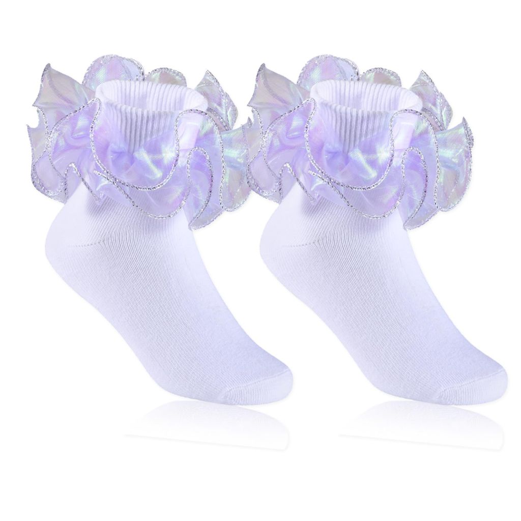 KOSIWEGO Girls White Ruffle Socks - Small, Purple/White (6 Pairs)