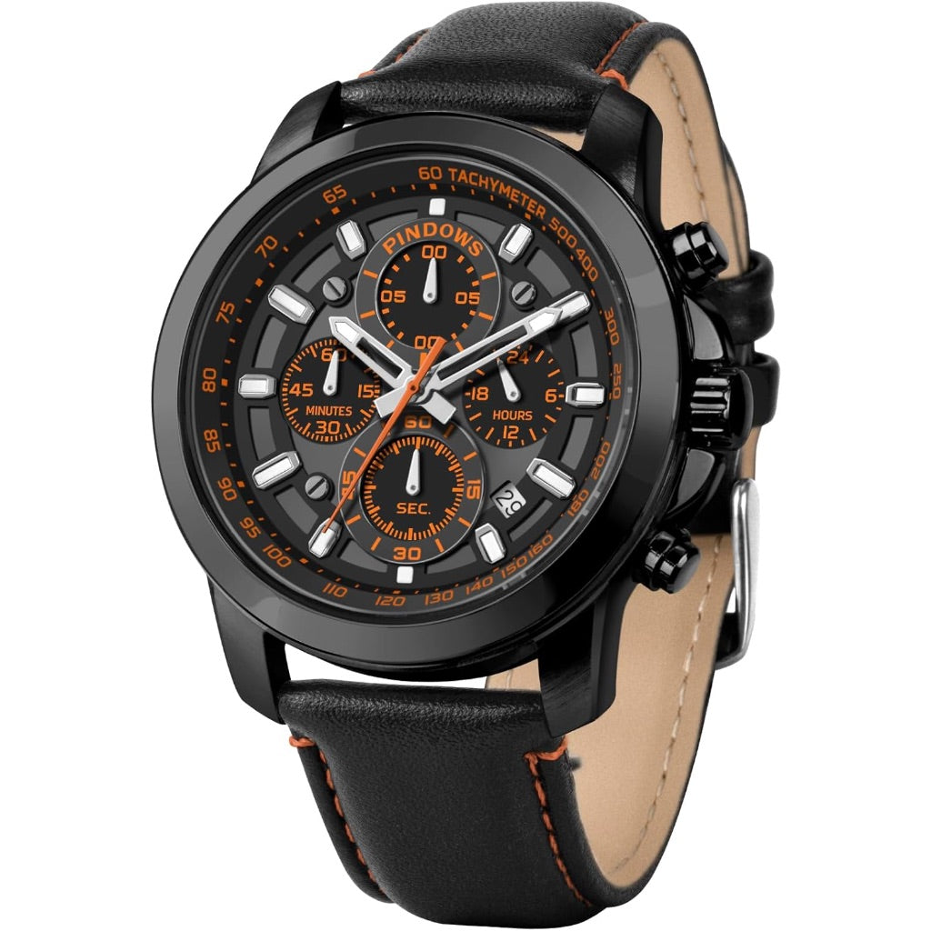 PINDOWS Men's Analog Quartz Chronograph Watch - Black Dial, Brown Leather Strap