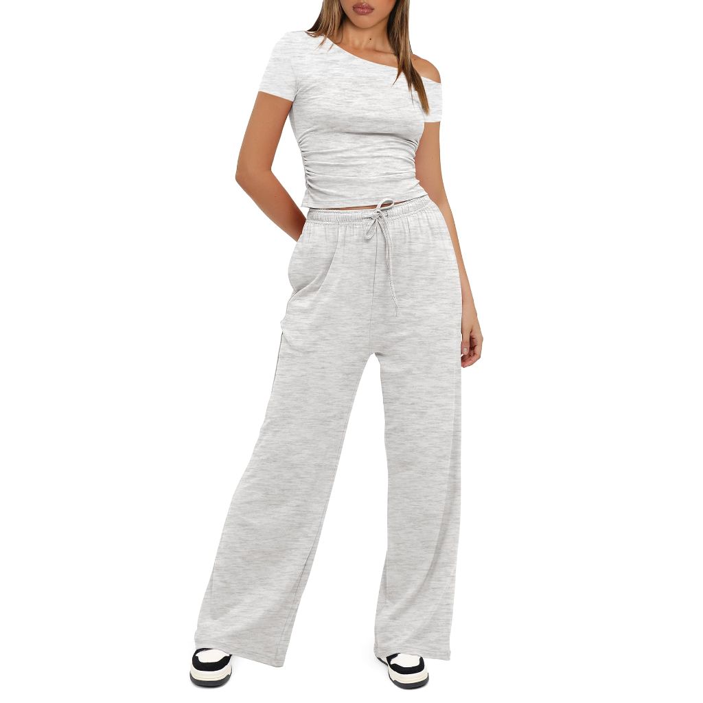 Darong Two Piece Sets for Women, Off The Shoulder Neck Top, Wide Leg Pants, White/Grey, M