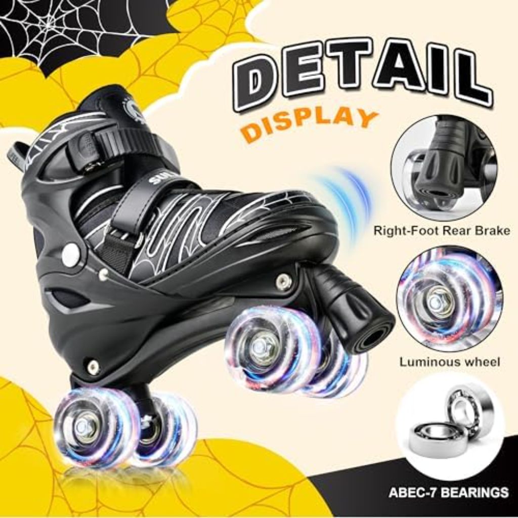 SULIFEEL Adjustable Kids Roller Skates with 4 Sizes, Light up Wheels - Spider Black, Medium (13C-3) *Damaged Box*
