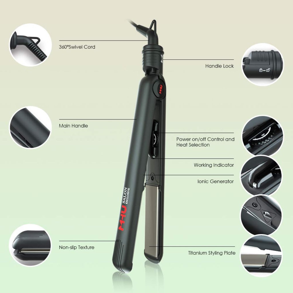 Professional Negative Ion Ceramic Flat Iron, 1" Titanium Plates, Adj. Temp - Black