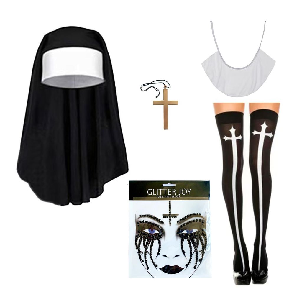 Yinxiang Jie Nun Horror Face Stickers, Clothing Accessories, Cross Pendant Necklace, Knee High Socks - Halloween Role-Playing Party Costume Set