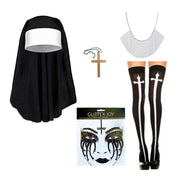 Yinxiang Jie Nun Horror Face Stickers, Clothing Accessories, Cross Pendant Necklace, Knee High Socks - Halloween Role-Playing Party Costume Set