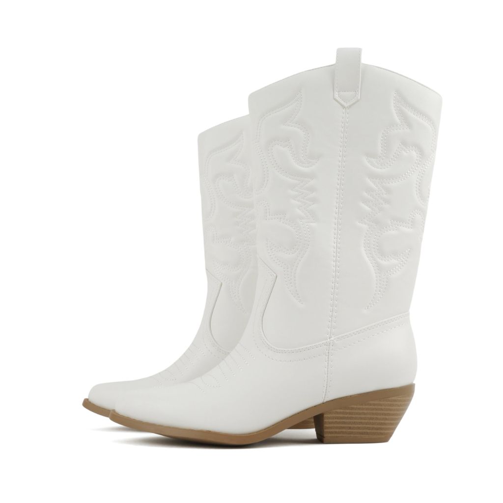 Soda “Rodeo” ~ Women's Knee High Western Cowboy Boots with Stitched Detailing, Pointed Toe, and Low Block Heel (A-wht/Bge Pu, WIDE, 6)