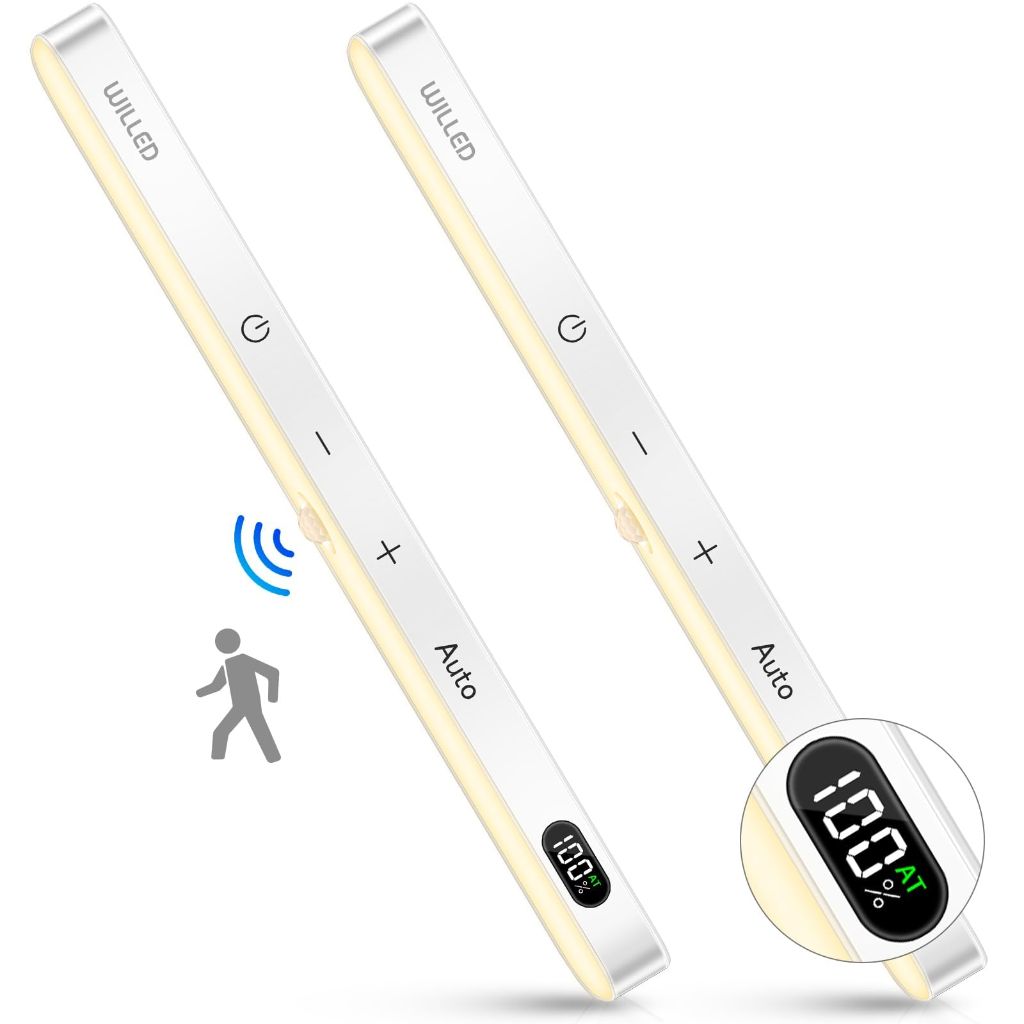 WILLED 3000K Closet Lights Motion Sensored, Battery Display, 60 LED Touch Light Bar, Motion Sensor Light Indoor, Under Cabinet Lights Rechargeable, Stick on Light for Closet, Kitchen, Hallway, 4 Pack