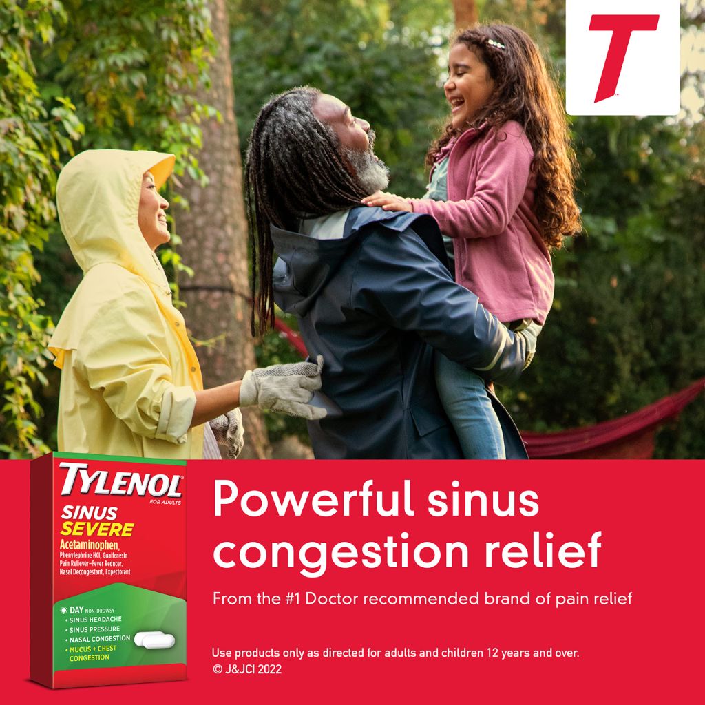 Tylenol Sinus Severe Daytime Caplets with Acetaminophen 325mg, Guaifenesin 200mg & Phenylephrine HCl 5mg, Non-Drowsy Pain Reliever, Expectorant & Nasal Decongestant, 50 Travel Packs of 2 ct