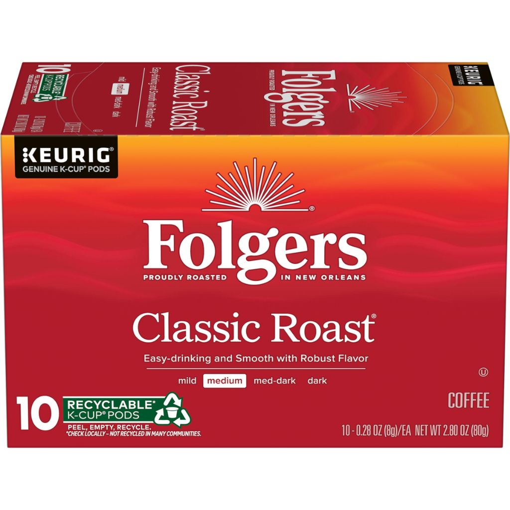 Folgers Classic Roast Coffee, Medium Roast, Keurig K-Cup Pods, 10 Count Box