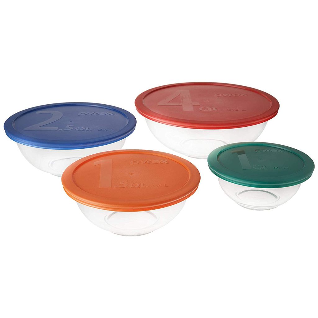 Pyrex Mixing Bowl Set: 322 1qt, 323 1.5qt, 325 2.5qt, 326 4qt Glass Bowls with 322-PC Green, 323-PC Orange, 325-PC Cadet Blue & 326-PC Red Lids - Made in USA