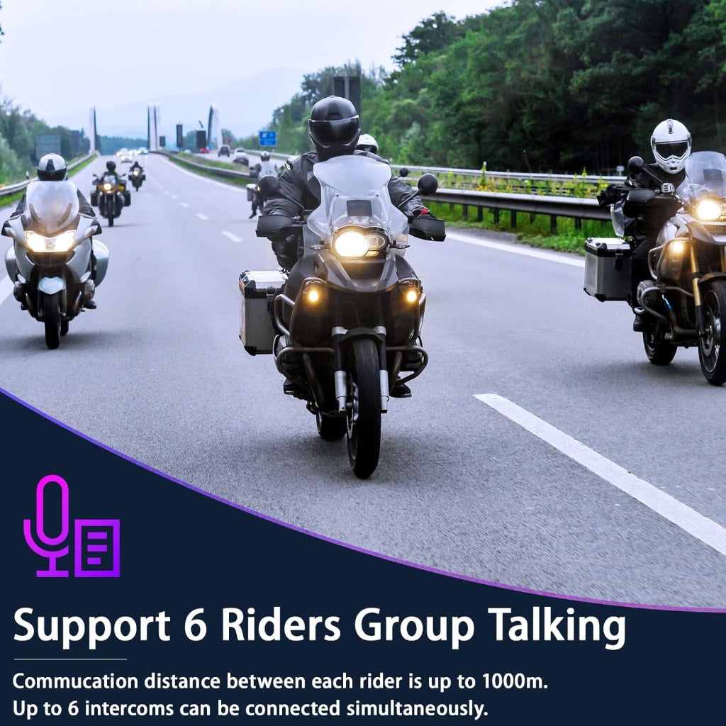 Motorcycle Bluetooth Headset, T2 1000m 6 Riders Helmet Bluetooth Headset with Noise Cancellation, Universal Motorcycle Bluetooth Communication System, Music Sharing & HD Speakers(1 Pack)