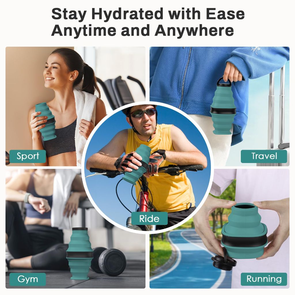 Popdigito Collapsible Water Bottles,600ml BPA Free Reusable Lightweight LeakProof Silicone Foldable Water Bottle, Dark Green