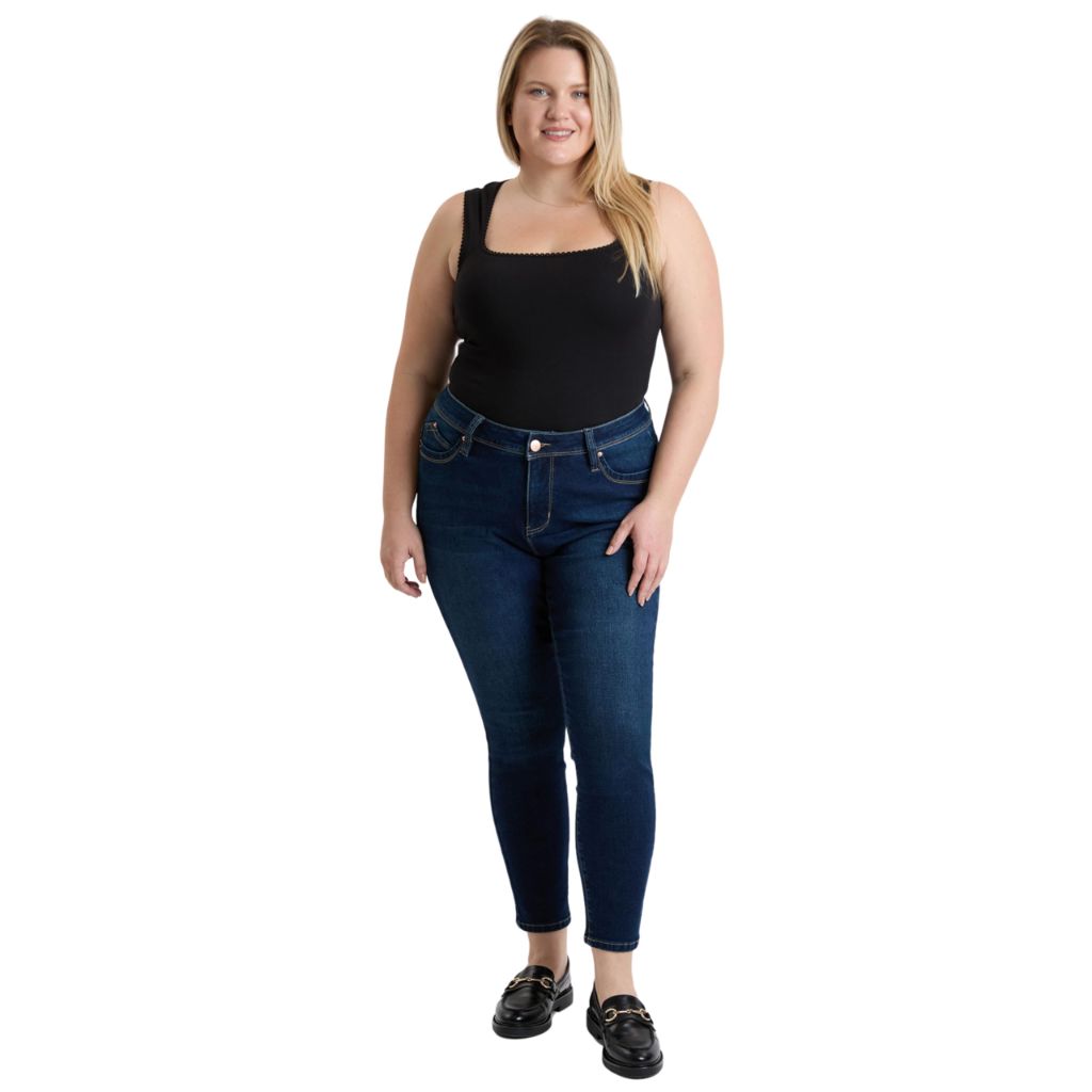 ROYALTY FOR ME Women's Plus High Rise Curve Confidence Wannabettabutt Skinny Jeans, Dark Blue, 16W