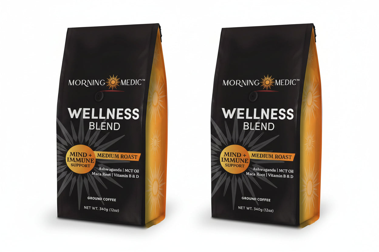 Morning Medic Wellness Blend Medium Roast Ground Coffee with Ashwagandha, MCT Oil, Maca Root, B6, B12, D, Cinnamon - 12oz (2 Pack)