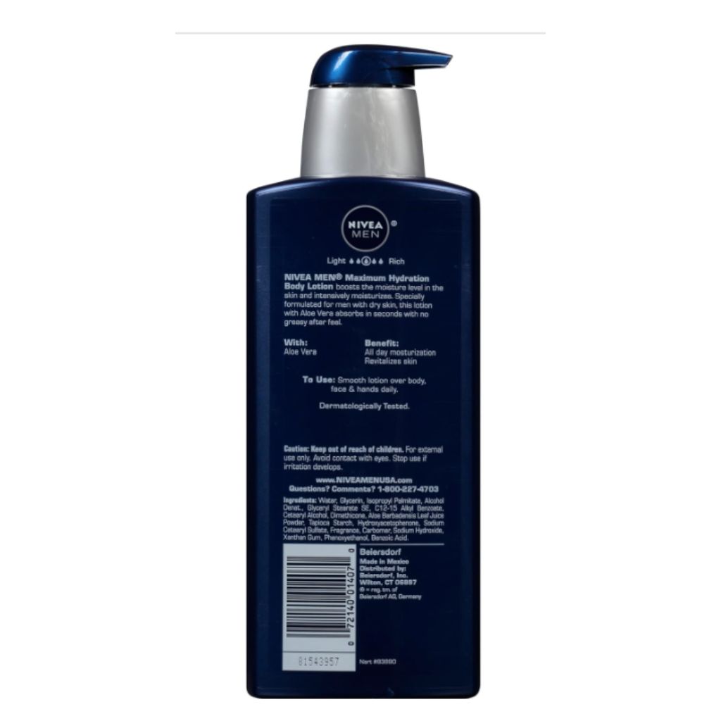 NIVEA MEN Maximum Hydration 48-Hour Moisture Body Lotion for Dry Skin, Aloe Vera Lotion for Men, 3-in-1 Body, Face and Hands, Dermatologically-Tested, 16.9 Fl Oz Bottle