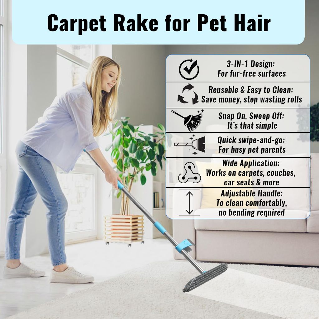 OKcedier Carpet Rake for Pet Hair Removal Tool, 3 in 1 Carpet Scraper with 59"
