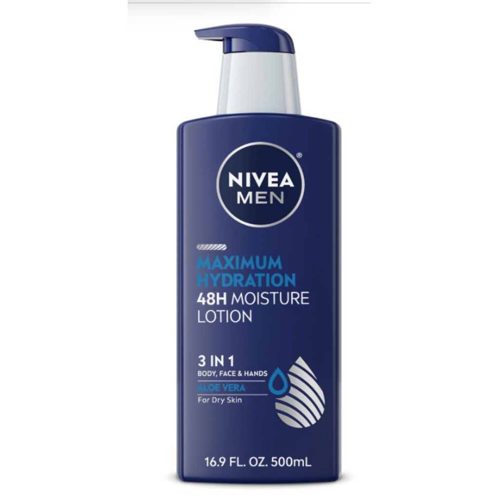 NIVEA MEN Maximum Hydration 48-Hour Moisture Body Lotion for Dry Skin, Aloe Vera Lotion for Men, 3-in-1 Body, Face and Hands, Dermatologically-Tested, 16.9 Fl Oz Bottle