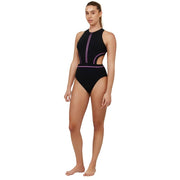 Gottex Women's Standard Free Sport High Neck Cut Out One Piece-Built-in Soft Cups, Black-Purple Size 4