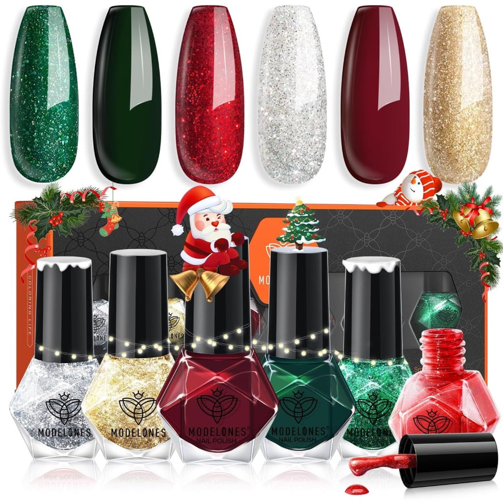 modelones Christmas Nail Polish Set 6 Colors Red Green Glitter Gold Silver Mini Nail Polish Kit Quick Dry Manicure Nail Art Manicure DIY Home Salon Gift for Women Mom