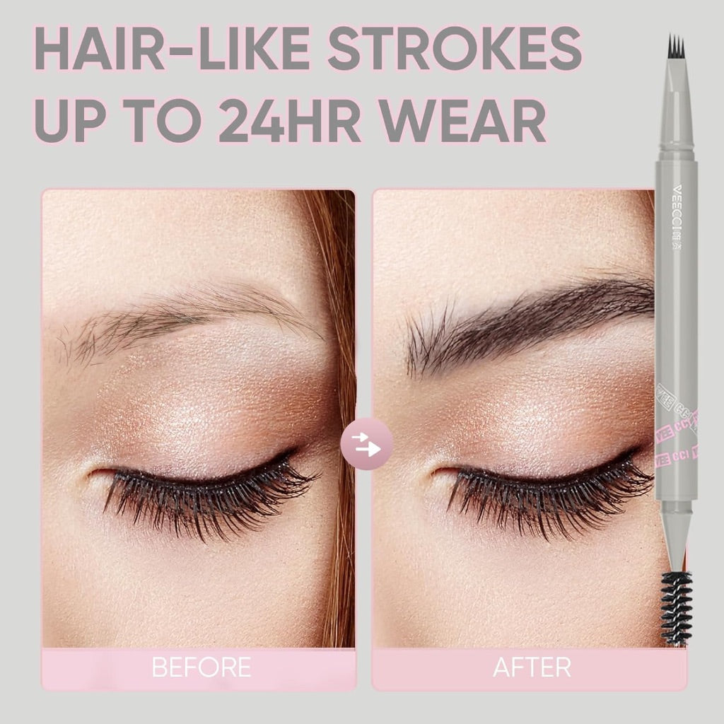 Liquid Eyebrow Pencil, Long-lasting Waterproof Fork Tip Grey Brow Pen with Brow Brush, Double Ended - Smudgeproof and Tattoo Microblading Effect