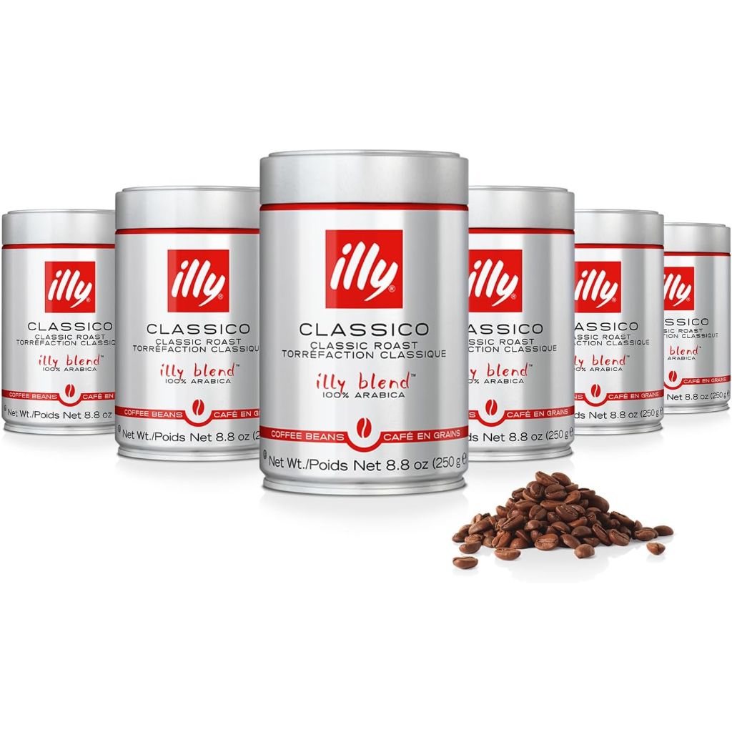 Illy Whole Bean Coffee, Classico Medium Roast - Mild & Balanced - 100% Arabica - Whole Beans - Pressurized Packaging Sealed for Freshness - 8.8oz can (Pack of 6)