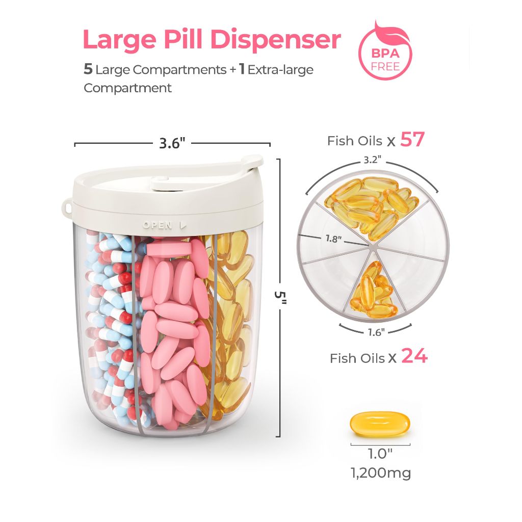 AMOOS Large Pill Dispenser with 6 Compartments, Anti-Mix Pill Bottle Organizer with Wide Opening & Easy Retrieval, Vitamin Organizer for Travel, BPA-Free Pill Box with a Strap, White