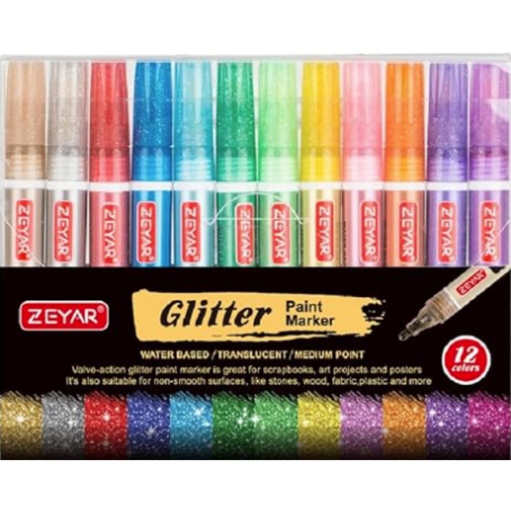 ZEYAR Glitter Paint Pens, Water-based, Medium Point, 12 Colors, Great for Greeting Card, Posters, Albums, Gift cards and ONLY Light-Colored Surfaces