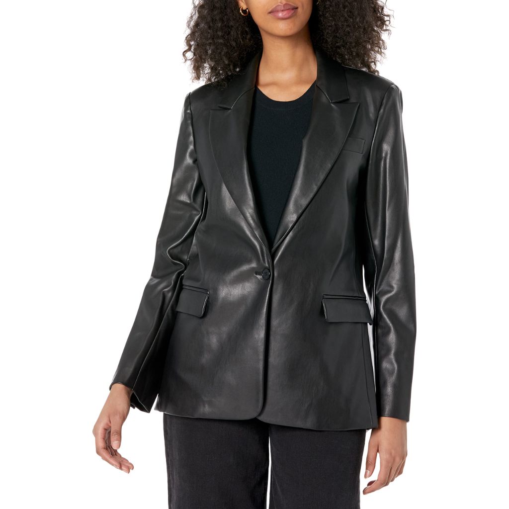 The Drop Women's Anouk Faux-Leather Long Blazer, Black Croc, S