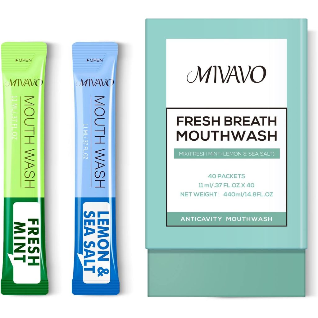 Mivavo Fresh Breath Mouthwash Travel Packets - Fresh Mint (20ct) and Lemon & Sea Salt (20ct), 40 Packets
