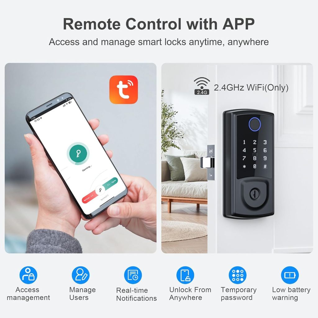 Golspark Fingerprint Smart Door Lock, Keyless Entry with Auto-Lock, One-Touch Locking, Touchscreen Keypad, App Control - Black