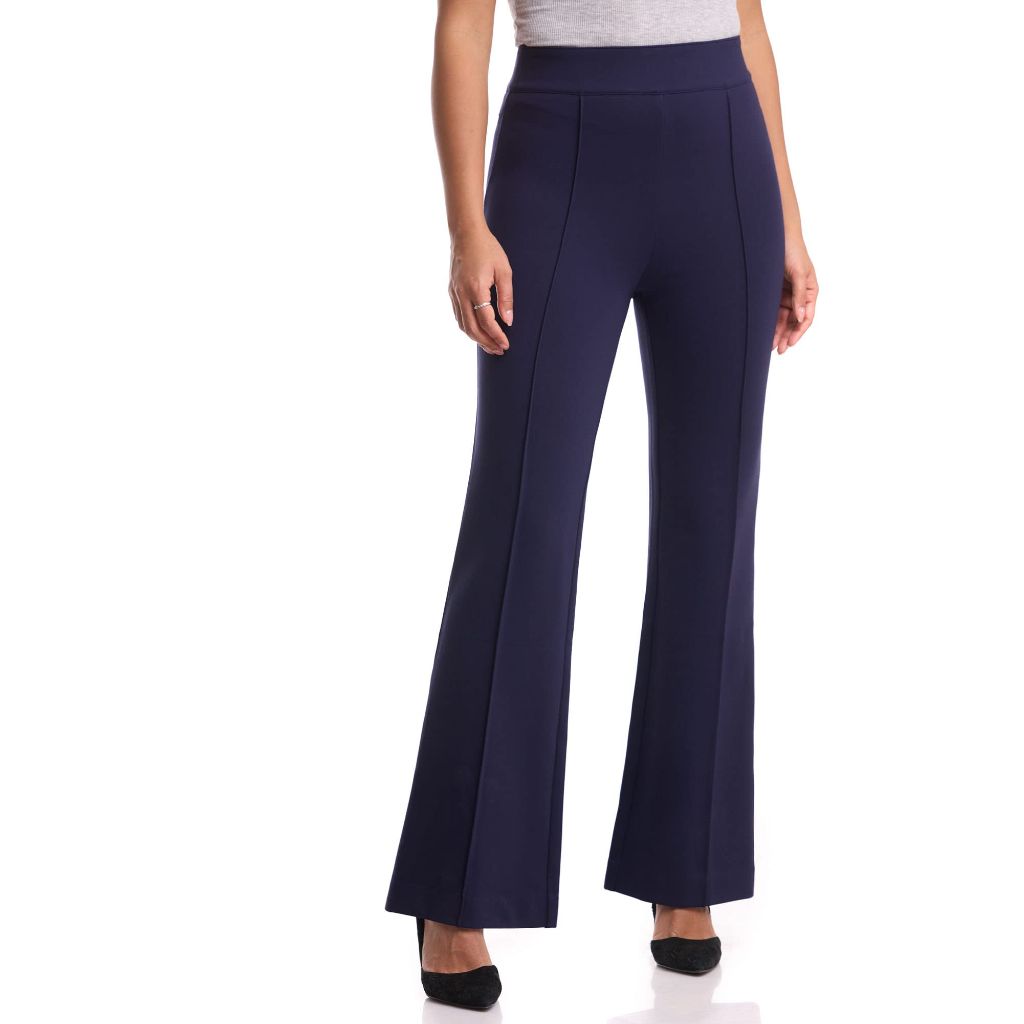 Rekucci Women's Secret Figure High Waist Knit Pull-On Flared Pant (8 Short, Navy)