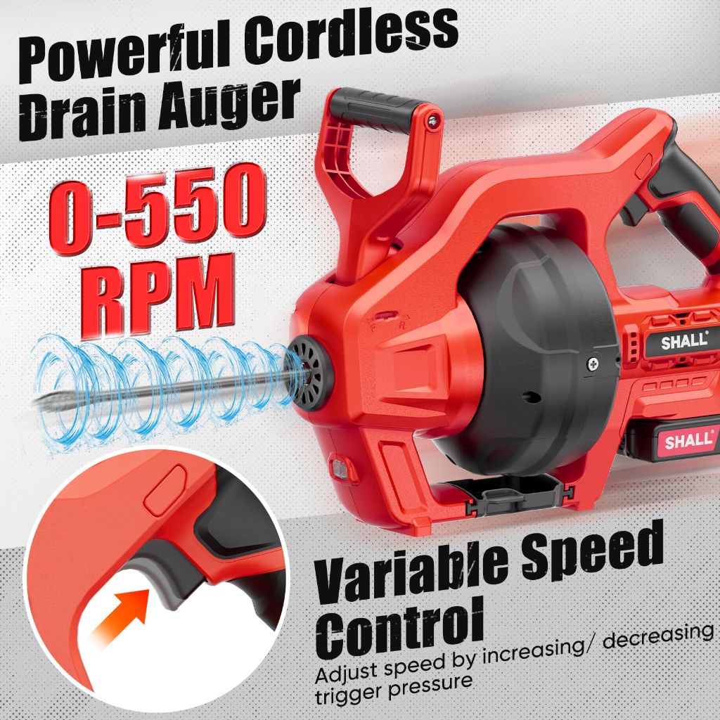 SHALL 20V Cordless Drain Auger with 25Ft Plumbing Drain Snake