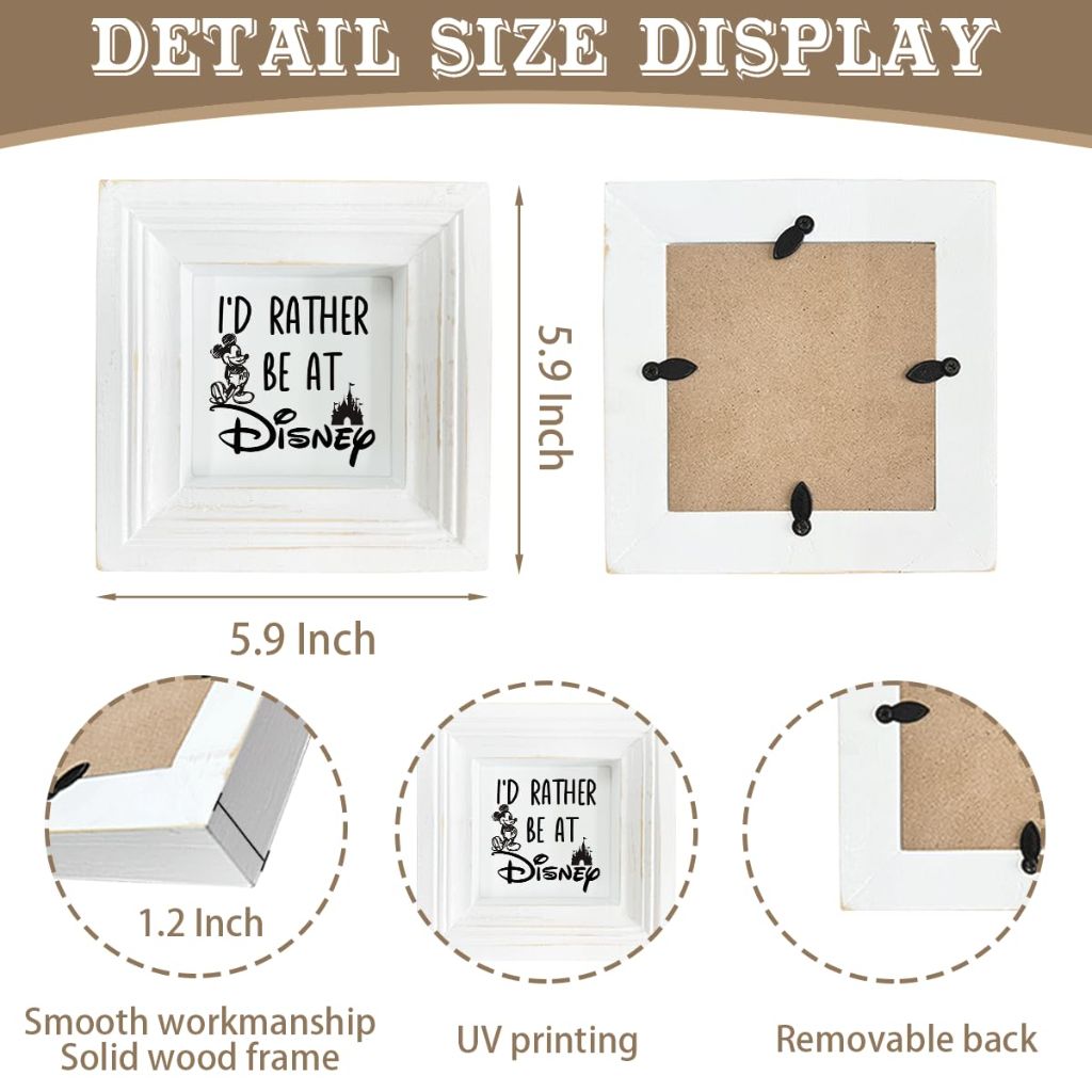 Lovely Desk Sign, Farmhouse Table Shelf Decoration, Home Decor Signs, Interesting Office Workplace Decor for Disney Lover, I'd Rather Be At Disney, Distressed White Wood Sign 5.9 * 5.9 * 1.2inches