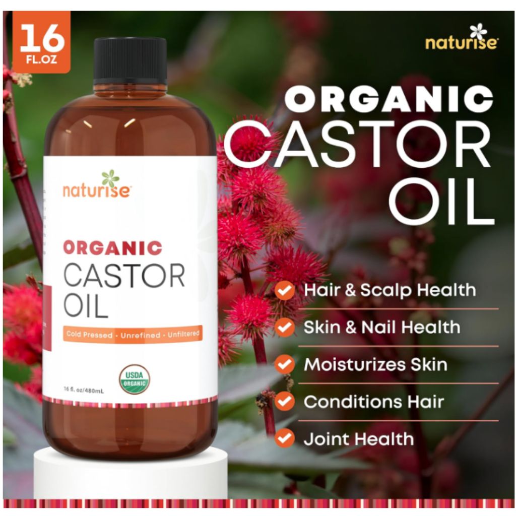 Naturise USDA Organic Castor Oil for Hair Growth – Pure Castor Oil Organic Cold Pressed & Unrefined in Glass Bottle – Vegan, Non-GMO Oils for Eyelash, Eyebrow, Hair, Skin & Face Support (16 fl. oz.)