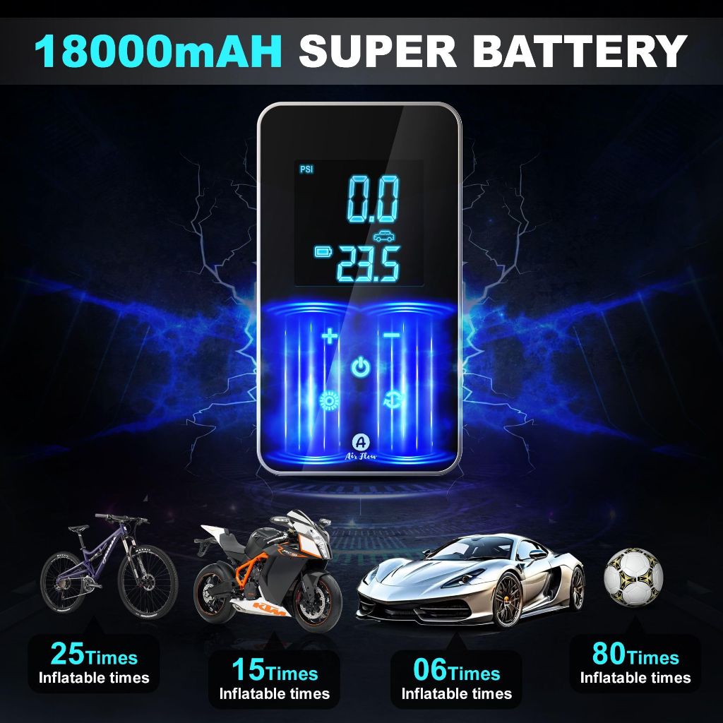 Air Flow Tire Inflator Portable Air Compressor - Air Pump For Car Tires with Digital Pressure Gauge