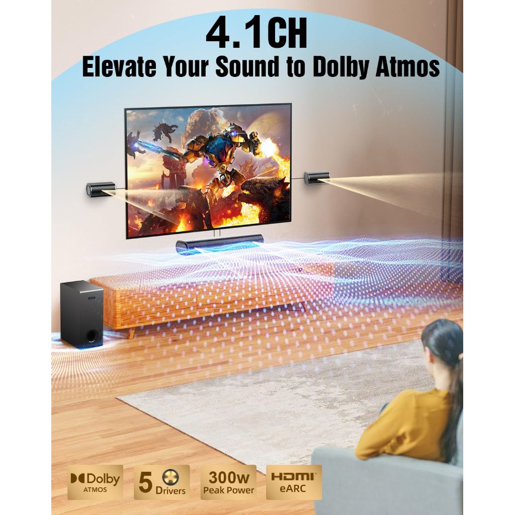 Hiwill 4.1ch Sound Bar with Dolby Atmos, 300W Sound Bar for Smart TV with Subwoofer, HiElite A41