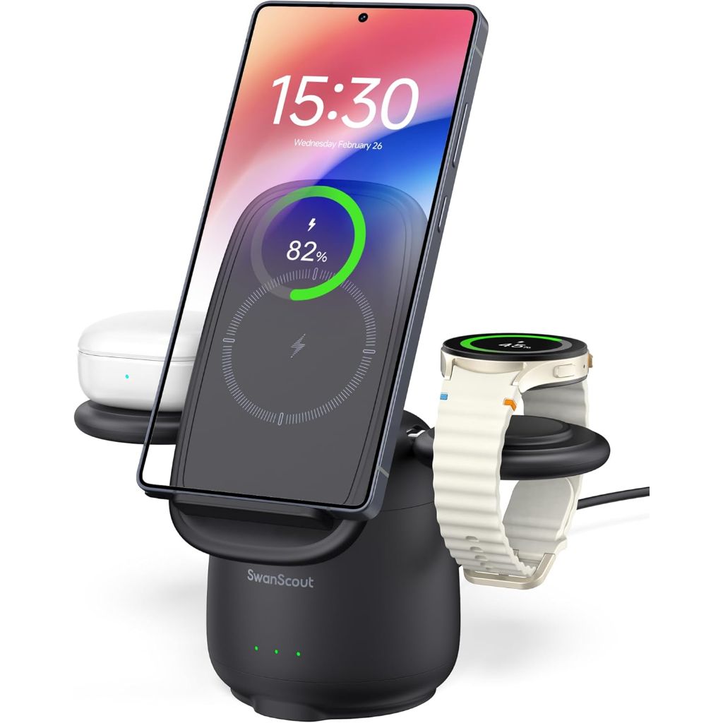 Wireless Charger for Samsung S26+, 3 in 1 Charging Station for Samsung Galaxy S25 Ultra/S25/S24/Z Flip7/Fold7, for Galaxy Watch8/7/Ultra/6/5/4/Buds3 Pro, SwanScout 707S (No Adapter) (Black)