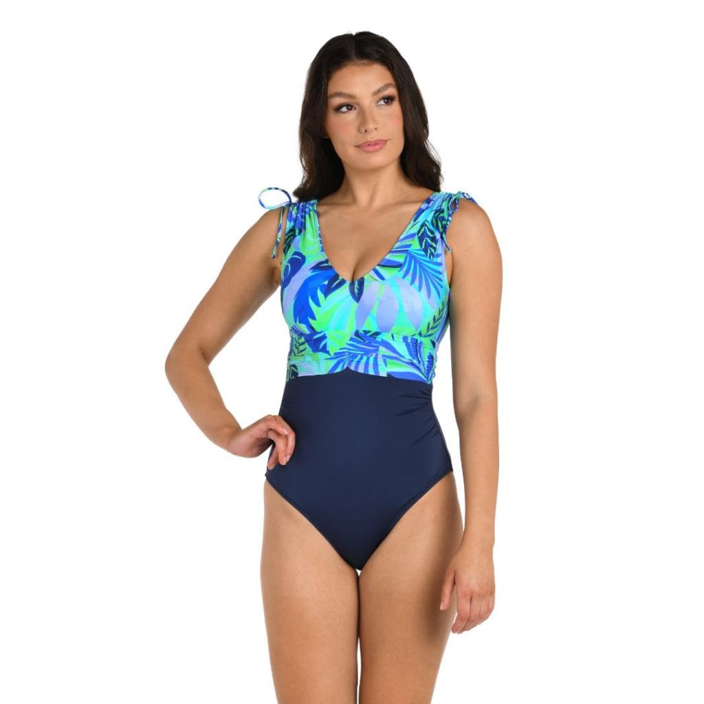 24th & Ocean Women's V-Neck One Piece Swimsuit, Blue//Aegean Tropics, 16