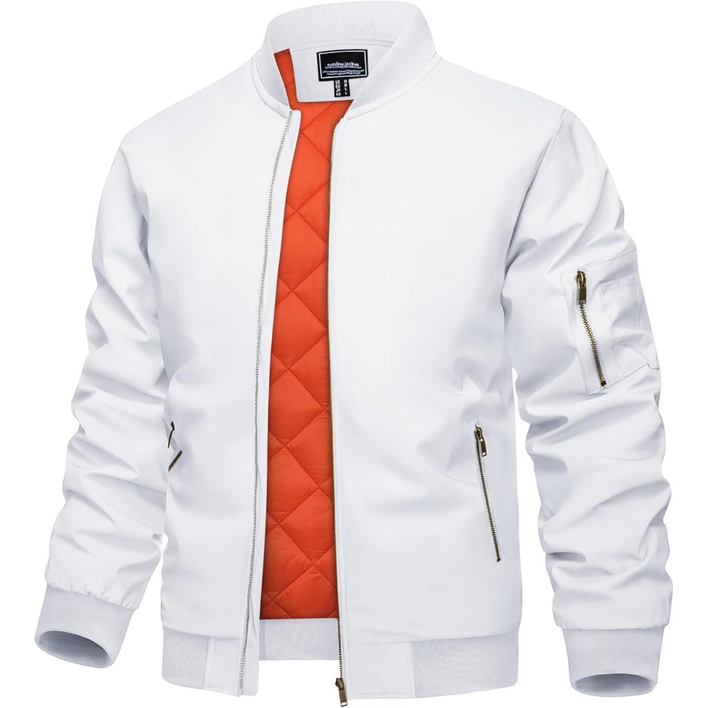 KEFITEVD Men's Bomber Full Zip Jacket - White, Size XL