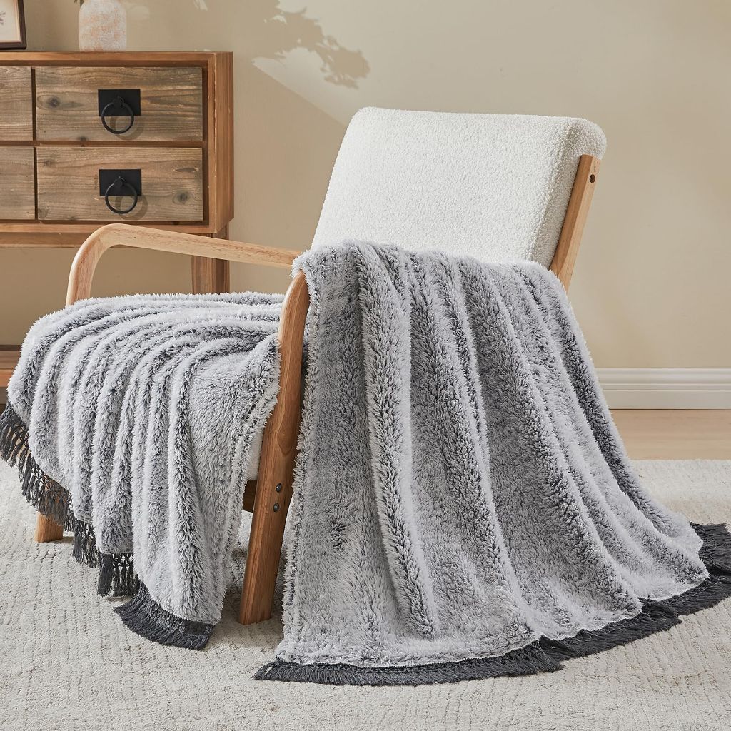 EMME Soft Sherpa Fleece Blanket with Tassel, (Tassel Grey, 50"x60")