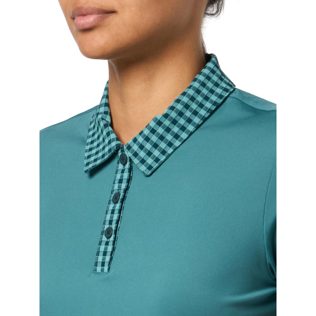 SZ L, Adidas Women's ULTIMATE365 Gingham Short Sleeve Polo Shirt, preloved Teal