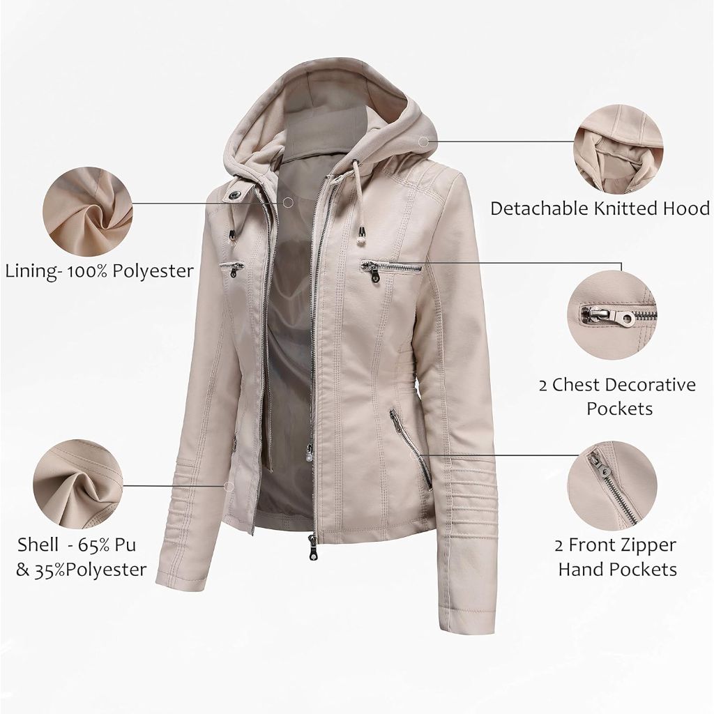 Tagoo Women's Faux Leather Jacket Motorcycle Coat with Removable Hood 4XL
