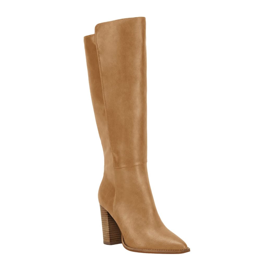 Juliet Holy Women's Knee High Boots Stacked Block Heel Pointed Toe Riding Boots Khaki