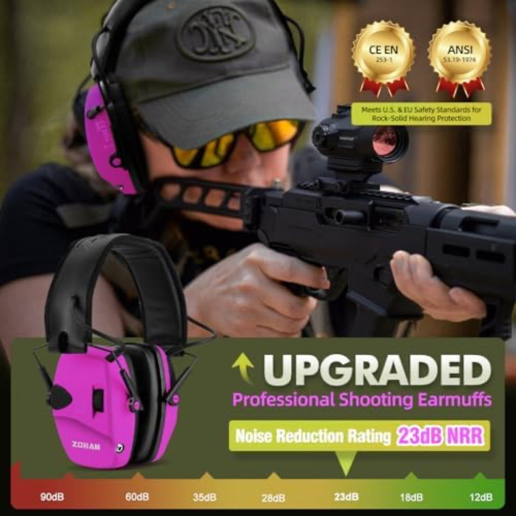 ZOHAN EM054 Electronic Ear Muffs with Gel Ear Pads, Slim Active Noise Reduction, Pink