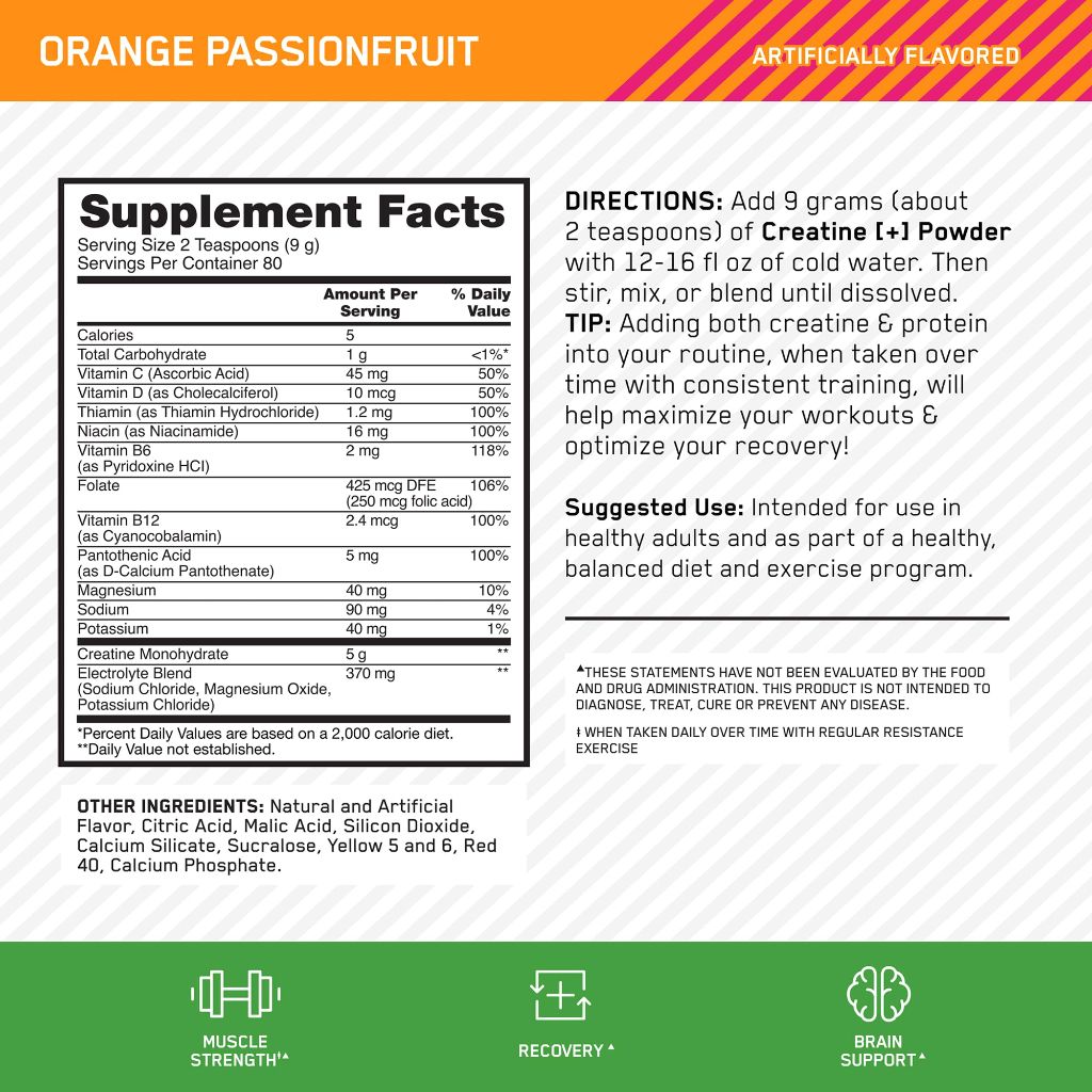 Optimum Nutrition Creatine Monohydrate Plus Powder, Orange Passionfruit Flavored - 80 Servings (720 Grams)