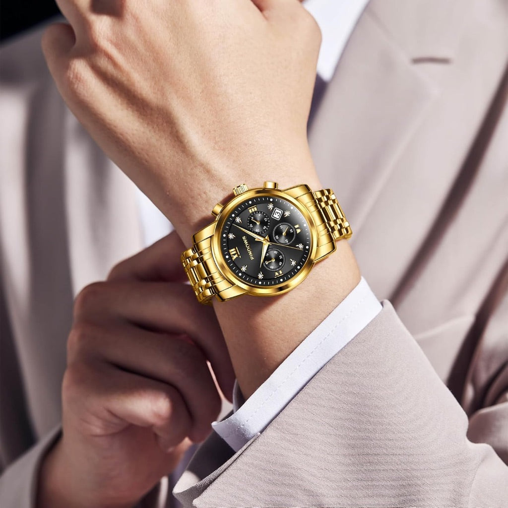 PINDOWS Watches for Men Diamond Date Calendar Quartz Watches Analog Stainless Steel Waterproof Luminous Two Tone Business Watch