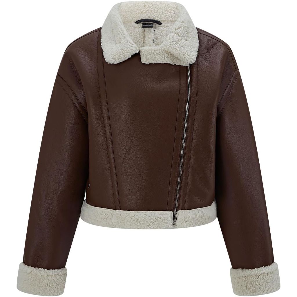 SZ S Women's Faux Shearing Moto Jacket Thick Fur Lined Coat Sherpa Leather Jacket | BROWN